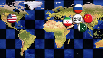 Afghanistan (Taliban) , USA, China, Russia, Iran and Pakistan Flags on world map with chessboard.