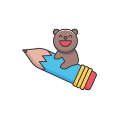 cartoon funny baby bear riding a flying pencil. illustration for t shirt, poster, logo, sticker, or apparel merchandise.