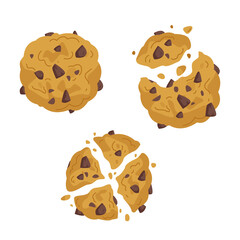 Set of freehand drawings of oatmeal cookies with chocolate pieces. Bitten cookies for dessert illustration for children in cartoon style. Vector baking clipart isolate on white background. Cookie icon