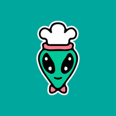 alien head with chef hat. illustration for t shirt, poster, logo, sticker, or apparel merchandise.