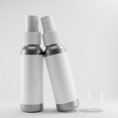 metallic bottle with white cap spray with white label  3d mockup  object cosmetic beauty hair 