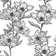 Flowers Seamless Pattern. Line  Magnolia Illustrations. Hand-drawn vintage engraving style. Vector Floral Pencil Drawing. Romantic elegance background. 
