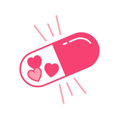 A pink pill with small hearts inside. A pill for falling in love. Vector illustration in cartoon children s style. Isolated funny clipart on a white background. Cute print. Chemical senses concept