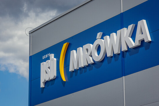 Wegrow, Poland - July 20, 2021: Logo of PSB Mrowka store in Wegrow town in Masovia region of Poland