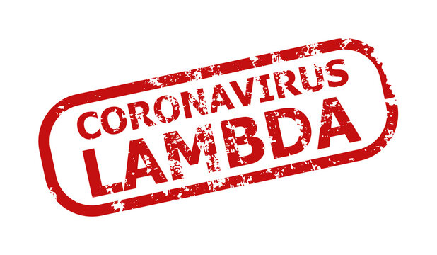 Red CORONAVIRUS LAMBDA rectangle rounded frame seal stamp. CORONAVIRUS LAMBDA title is inside rectangle rounded frame. Rough CORONAVIRUS LAMBDA seal stamp in red color, with unclean style.