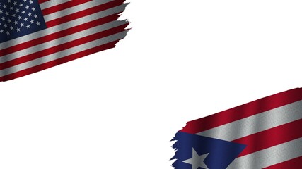 Puerto Rico and United States of America USA Flags Together, Wavy Fabric Texture Effect, Obsolete Torn Weathered, Crisis Concept, 3D Illustration