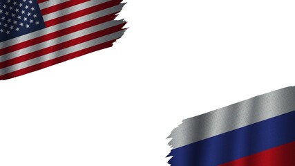 Russia and United States of America USA Flags Together, Wavy Fabric Texture Effect, Obsolete Torn Weathered, Crisis Concept, 3D Illustration