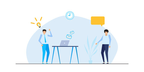 Business meeting concept vector illustration of young people using laptop and smartphone for online funding and making investments for bitcoin and blockchain. Flat design of new technology