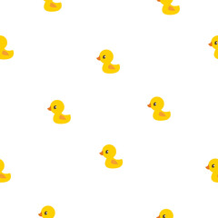 Seamless pattern with cute yellow rubber ducklings on a white background. Vector illustration in minimalistic flat style, hand drawing. Scandinavian print for textiles, print design, postcards