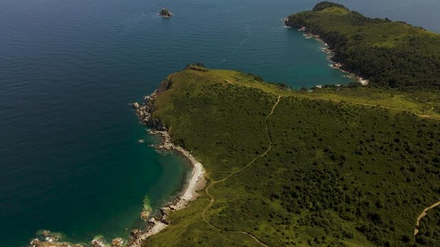 Aerial view of the mountains, rocks, and sea