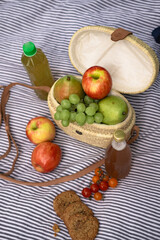 picnic on striped blanket at summer park apples pears grapes tomatoes cookies drinks 