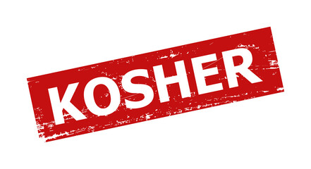 Red KOSHER rectangle seal stamp. KOSHER text is inside rectangle shape. Rough KOSHER stamp in red color, with unclean texture.