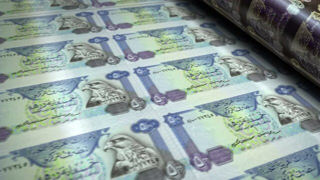 Arab Emirates Dirhams money banknotes printing roll machine loop. Paper 500 AED Dubai bank note print 3d looping seamless. Abstract concept of banking, debt, income, finance, economy and crisis.