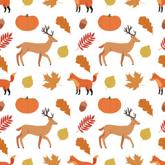 Obraz premium Autumn seamless pattern of colorful autumn symbols. Background of autumn attributes - deer, fox, leaves, acorns, rowan, mushrooms. Vector illustration