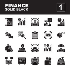 Icons Set of finance, glyph solid black style