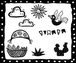 Coleção de ícones em estilo xilogravura. Alusão ao cangaço e ao Nordeste Brasileiro, tipo Literatura de Cordel