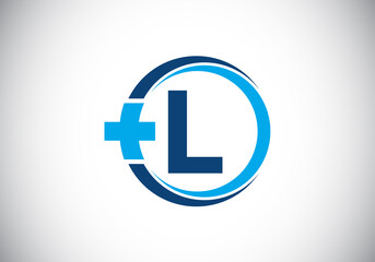 Initial L monogram alphabet in a circle with cross plus. Medical logo. Logo for pharmacy, clinic, medical or healthcare business, and company identity