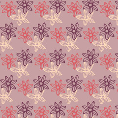 Vector pattern of small stylized flowers. Autumn. Calligraphic brush. Minimalism. Beige and pink on a purple background. Hand drawing