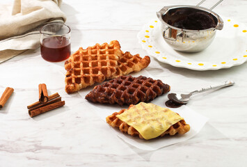  Croffle Croisant Waffle with Various Topping, Cheese, Chocolate, Sugar and Cinnamon.  Croffle is Viral Street Food from Korea.
