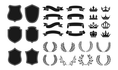 Heraldry vintage badge icon set. Blazon different crown shield, ribbon and laurel wreath for coat of arms. Various decorative royal knight shields or emblems vector - obrazy, fototapety, plakaty