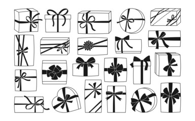 Gift Box with Ribbon, Christmas black glyph flat line set. Giveaway present, Holiday anniversary surprise gift symbol different shape. Sale shopping Birthday Party, Valentine Day or Wedding collection