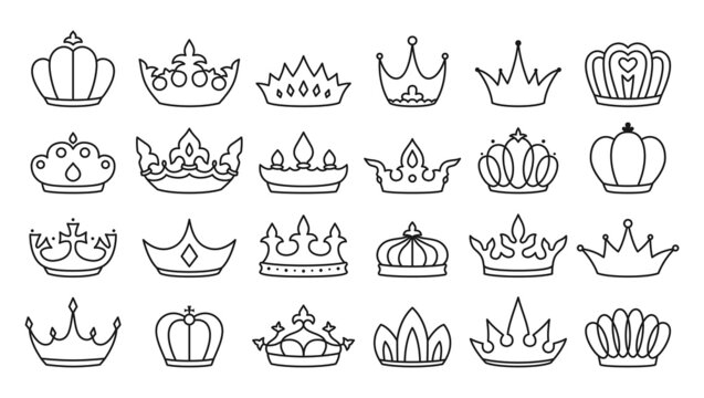 Royal crown sign black line set. King crowns, majestic coronet and luxury tiara icon. Queens or princess jewelry heraldic hat insignia. Monochrome logo emblem vintage antique emperor symbols