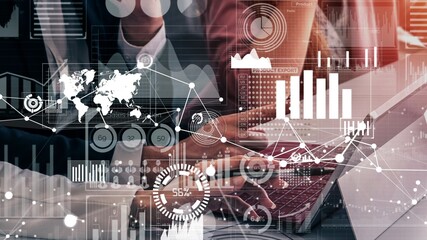 Big Data Technology for Business Finance Analytic conceptual . Modern graphic interface shows massive information of business sale report, profit chart and stock market trends analysis .