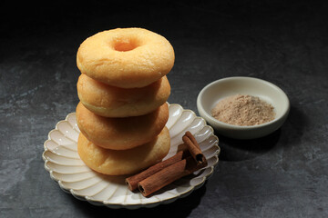 Homemade Fresh Fried Donuts Frosted with Cinnamon and Sugar. Copy Space for Text