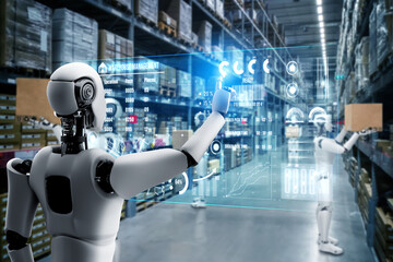 Innovative industry robot working in warehouse for human labor replacement . Concept of artificial...