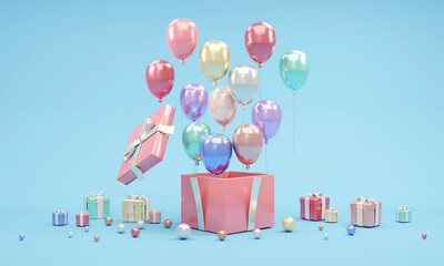 3d rendering of gift box open balloons fly out with confetti element and mini gift on background in colorful theme