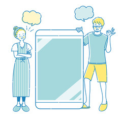 スマートフォンで説明する若いの男性と笑顔の女性