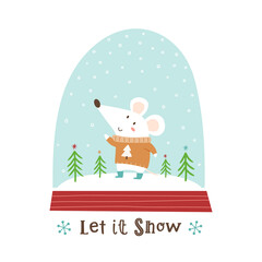 Vector illustration of snow globe with cute mouse character.