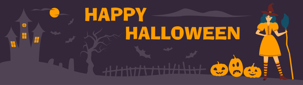 Halloween, witch, haunted house, full moon, pumpkins and bats, tree, happy halloween, vector image, background.