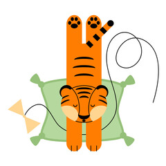 A sleeping tiger cub. Vector drawing in a flat style on an isolated background. The concept of the character. The symbol of the year. Cartoon illustration of a tiger with a toy on a pillow.
