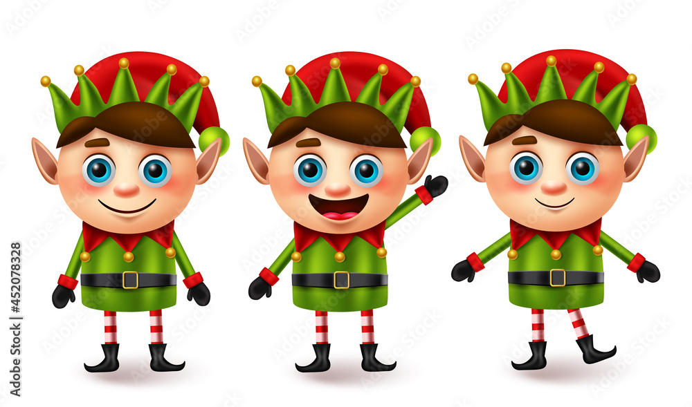 Poster elf christmas character vector set. elfs xmas characters in standing pose and gesture with friendly 