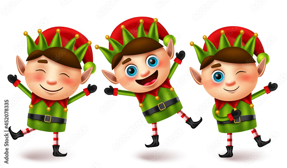 Wall mural elfs christmas characters vector set. elf cute character in fun and joyful facial expression with ju