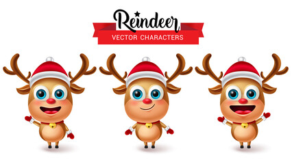 Reindeers christmas vector characters set. Reindeer character in cute facial expressions like friendly and happy for 3d xmas holiday element collection design. Vector illustration.
