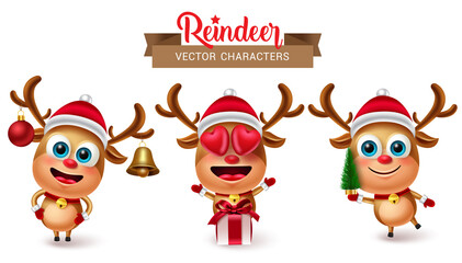 Fototapeta premium Reindeer christmas character vector set. Reindeers characters in cute 3d inlove and holding xmas tree element for holiday season deer collection design. Vector illustration. 