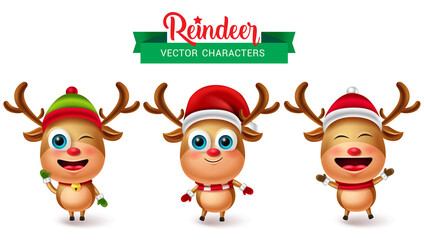Reindeer character christmas vector set. Reindeers characters in cute facial expression like funny, happy and friendly for 3d animal holiday collection element design. Vector illustration.
