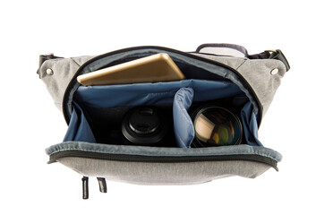 Isolated close up studio shot of small photographer modern fashionable gray shockproof waist bag...
