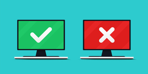Check mark and cross icon symbol on computer screen concept.  Illustration vector