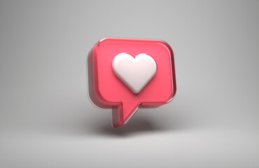 3D rendered symbol of love covered in glass themed material, on a simple gray background.
