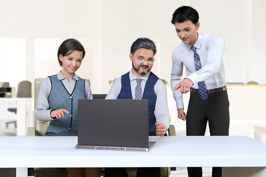 若い女性社員と太った眼鏡の男性社員と若い男性社員が１台のノートパソコンの画面を見ながら相談する
