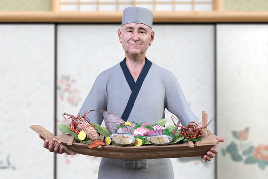 日本料理の料亭の調理場の責任者の板長が美しい海鮮の舟盛りを運んでくる