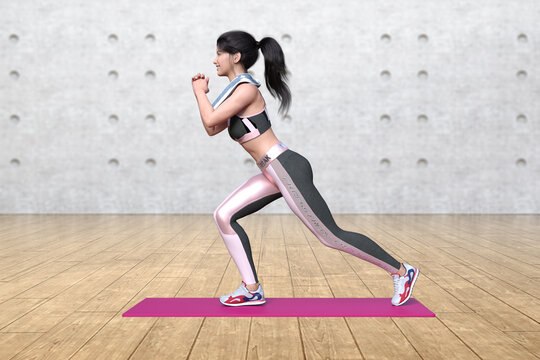 ピンクのマットの上に立ち脚を屈伸させながらトレーニングする肩にタオルをかけた女性