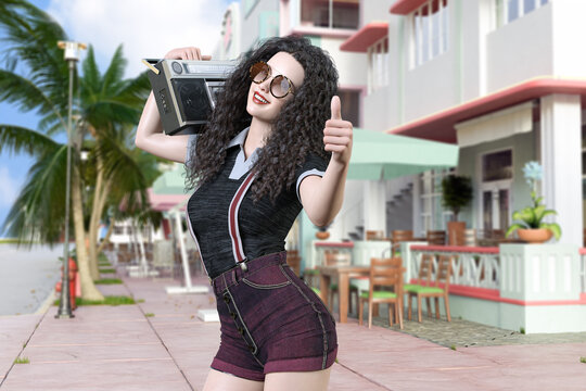 黒いワッフルヘアでサングラスをかけた陽気な女性がカセットテープ再生機を肩乗せてリゾート地を歩く