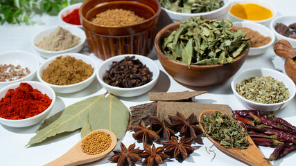 インドカレーのスパイス（ターメリック、パプリカ、コリアンダー、シナモン、スターアニス、クミン等）