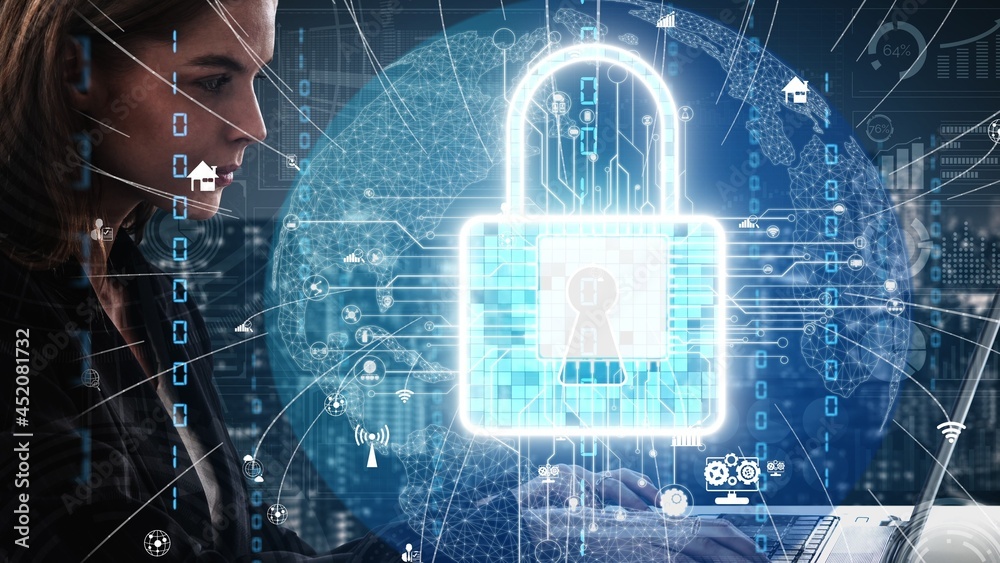 Poster cyber security encryption technology to protect data privacy conceptual . 3d render computer graphic