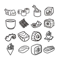 Japanese Sushi and roll line icons set. Freehand drawing on white background for Asian menu restaurants. Nigiri,remaking,tamago,futomaki,uramaki,sashimi