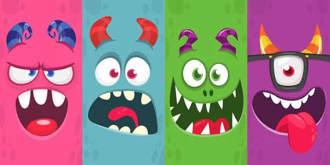 Fotobehang Funny cartoon monster faces emotions set. Illustration of mythical alien creatures different expression. Halloween party design. Great package design. © drawkman